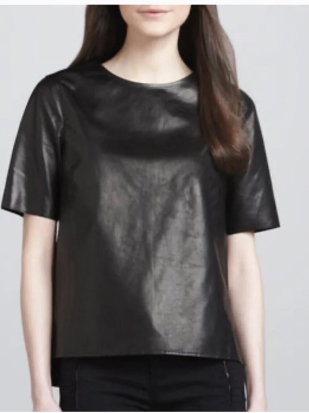 Vince Lamb Leather Short Sleeve T-Shirt Top Zip Back